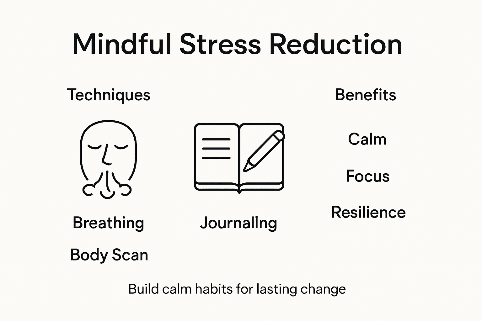 Infographic displaying core mindfulness techniques and benefits