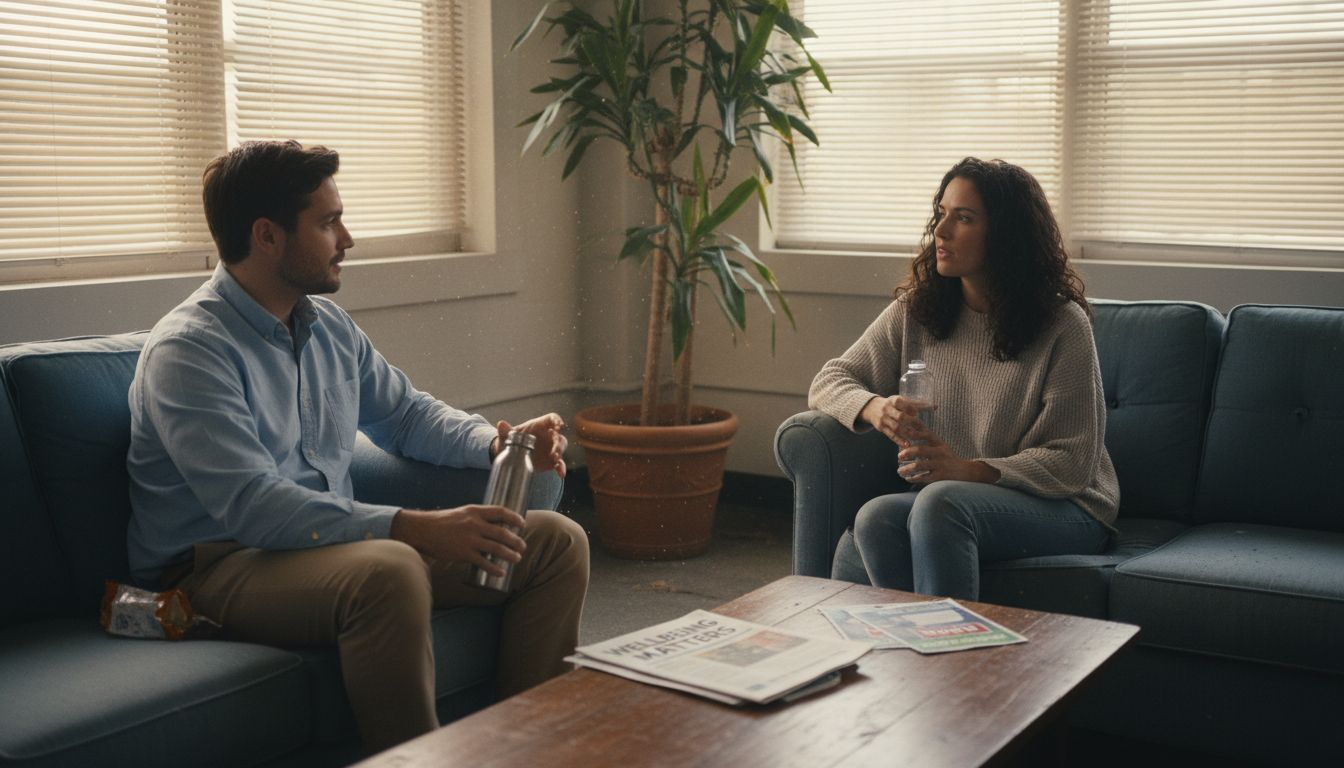 Colleagues discussing wellbeing in casual office nook