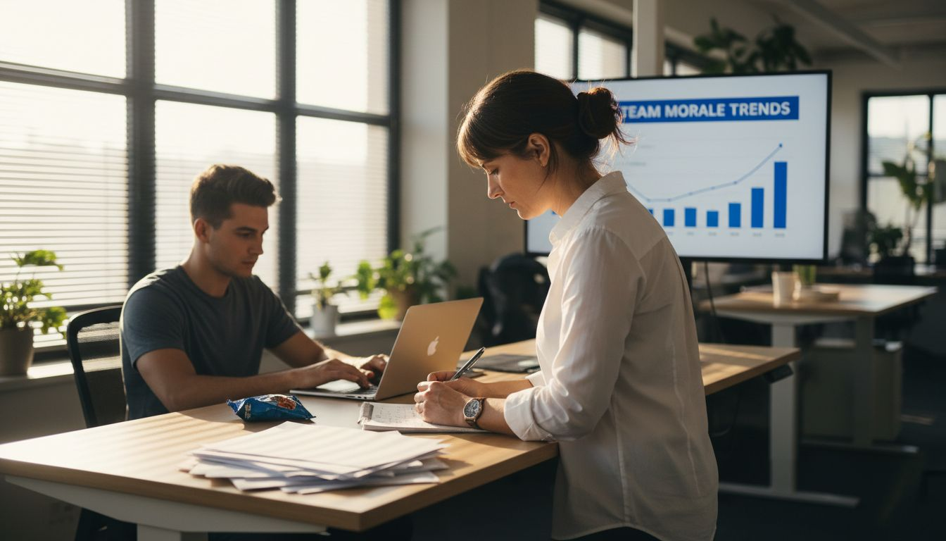 Manager discussing feedback at standing desk