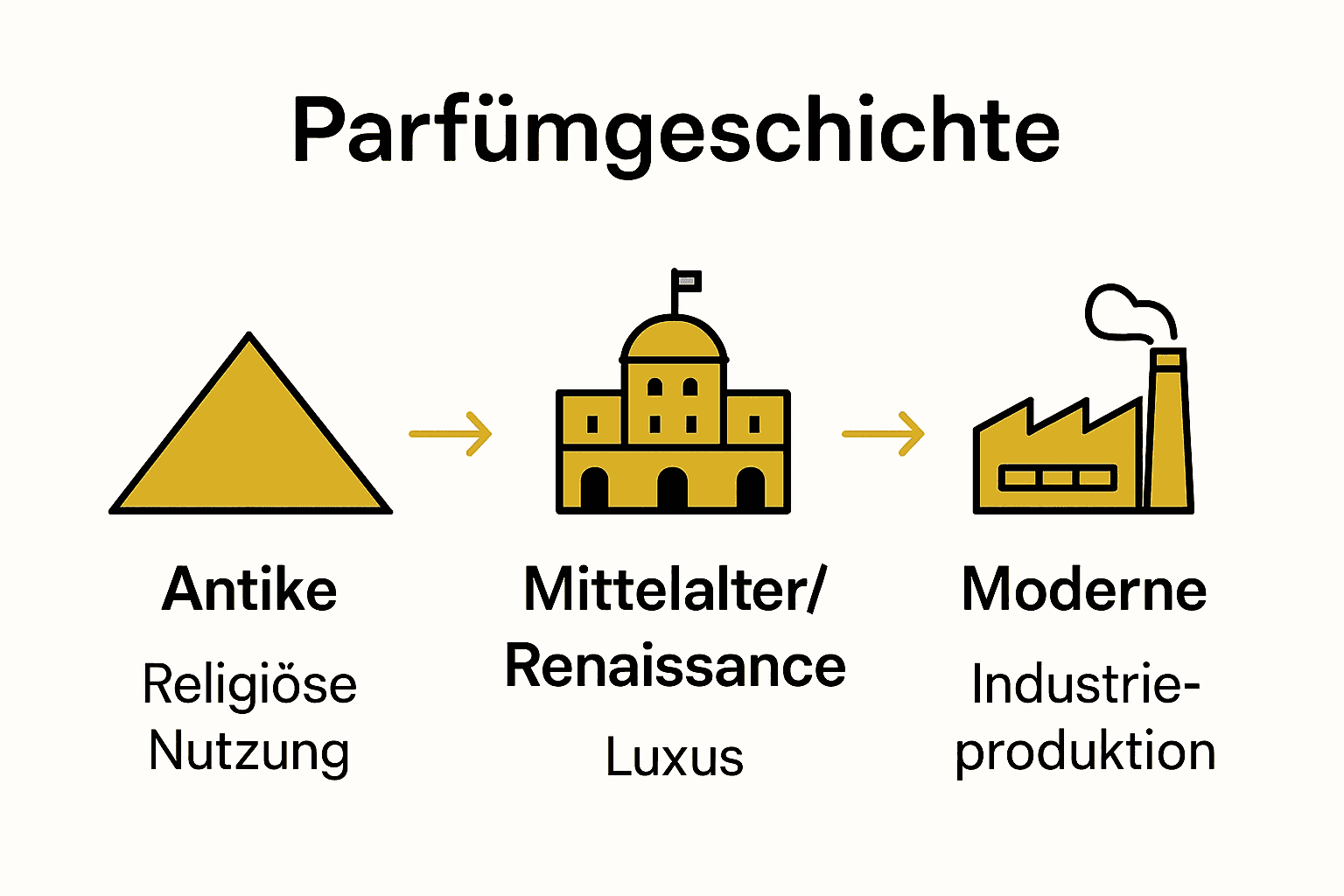 Infografik zeigt drei Epochen der Parfümgeschichte mit Symbolen und Stichworten