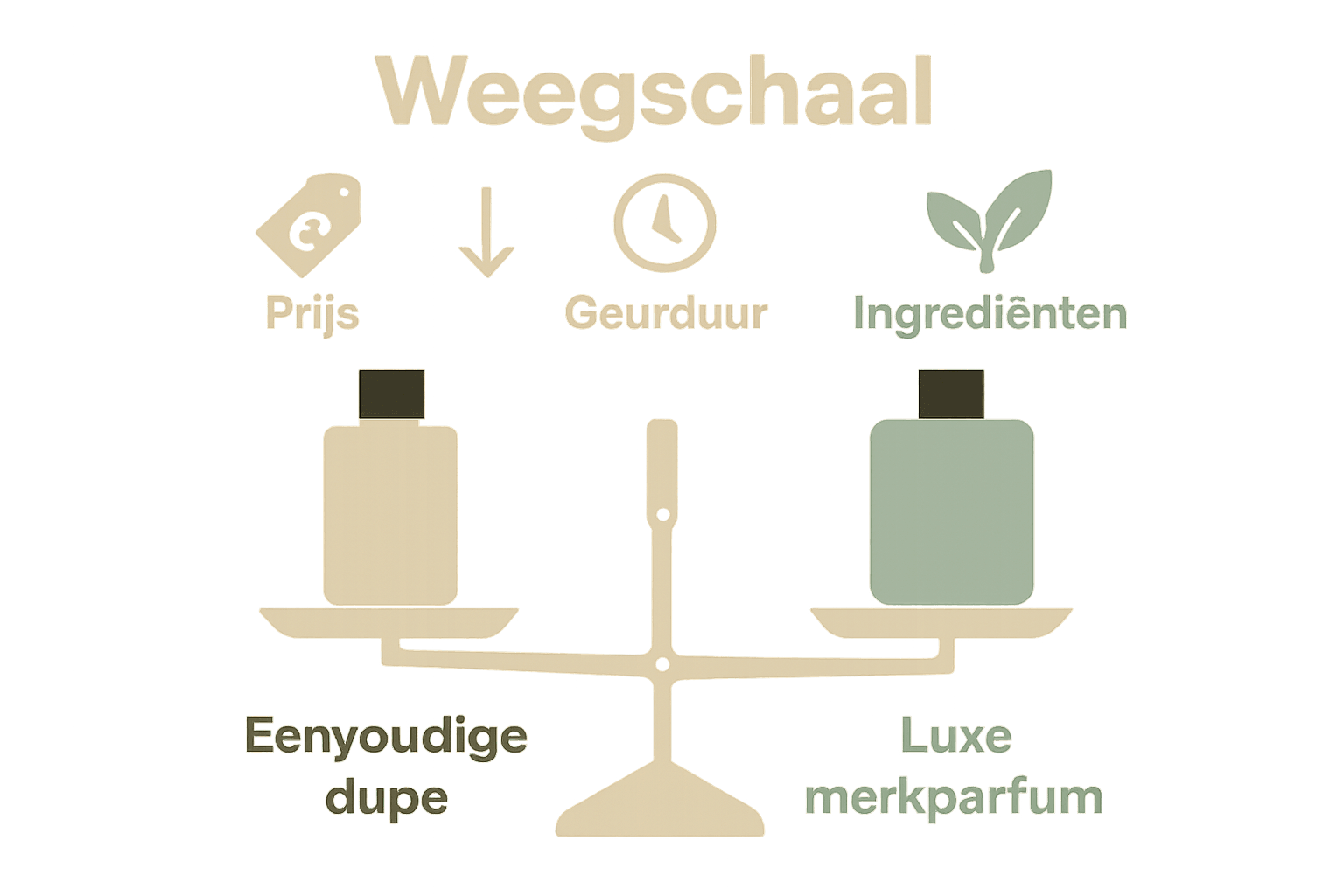 Infographic met vergelijking tussen dupe en origineel parfum (prijs, geurduur, ingrediënten).
