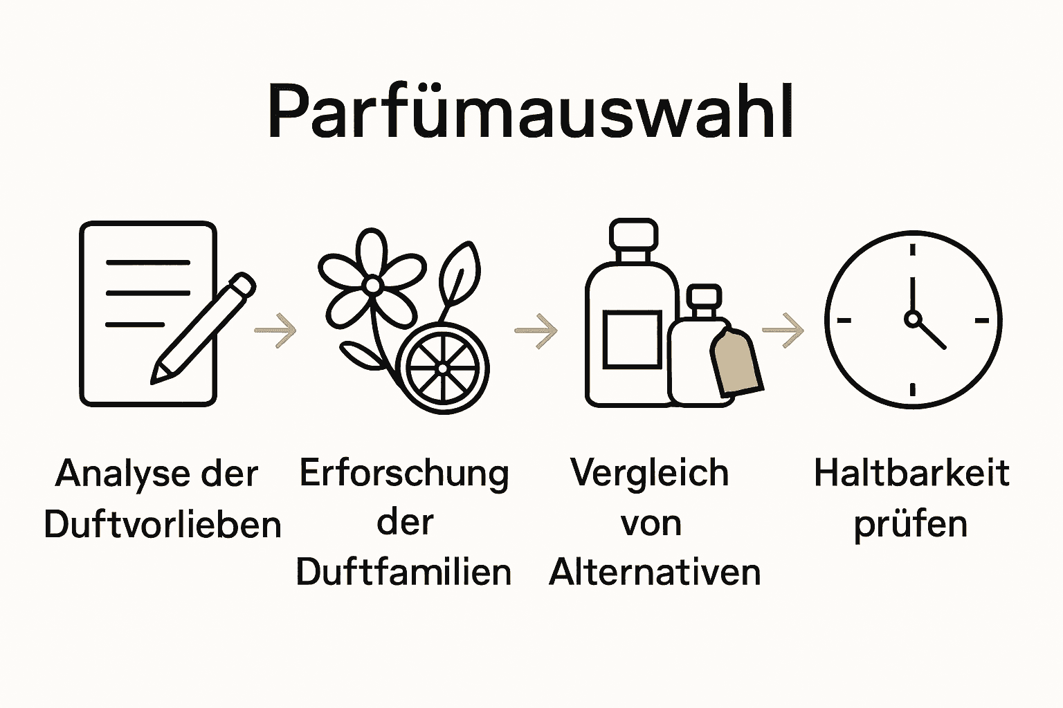 Fünf Schritte zur Parfümauswahl für Frauen als Icons und Pfeildiagramm
