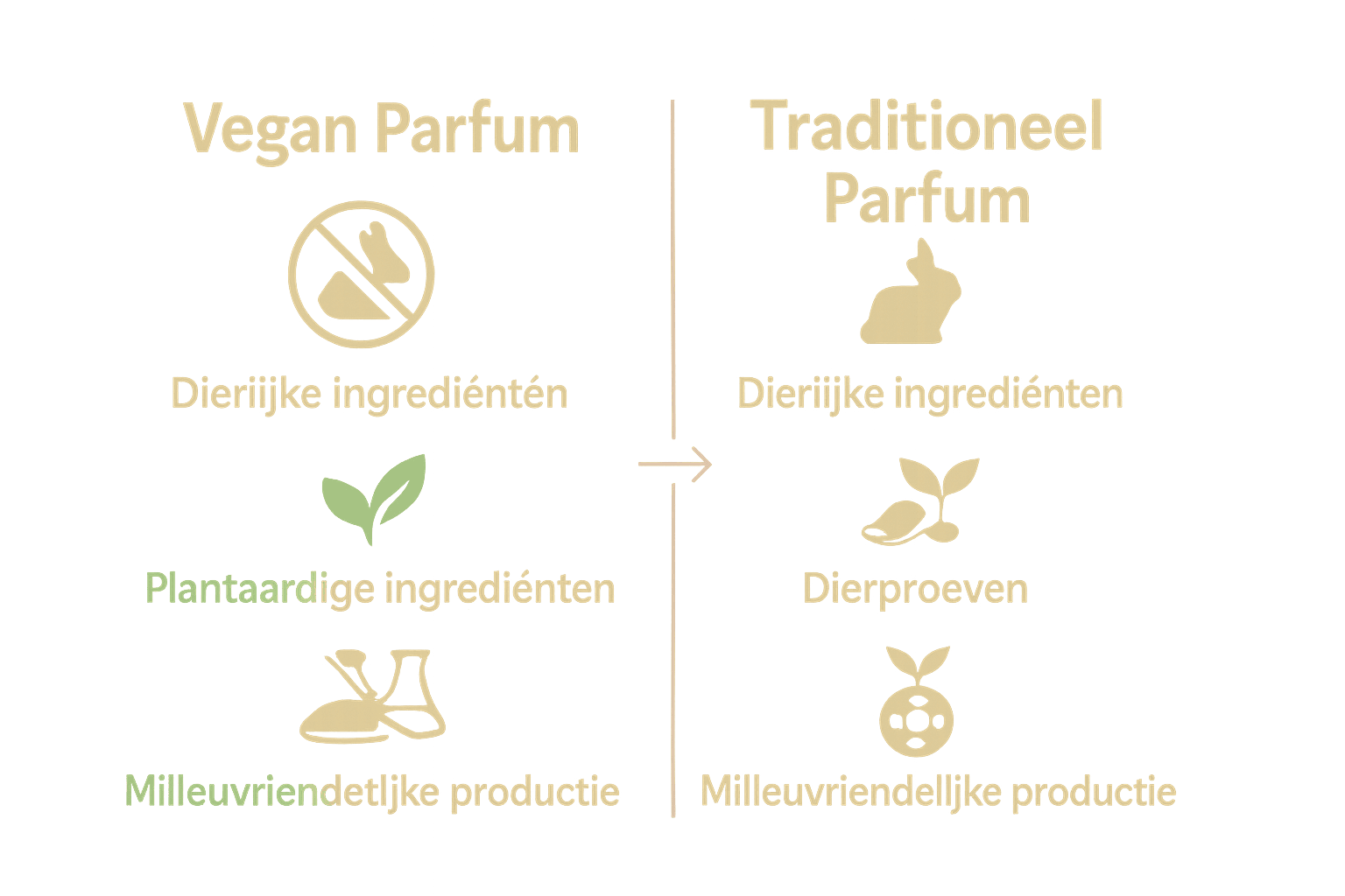 Infographic vergelijkt vegan en traditionele parfums met iconen voor ingrediënten en milieu