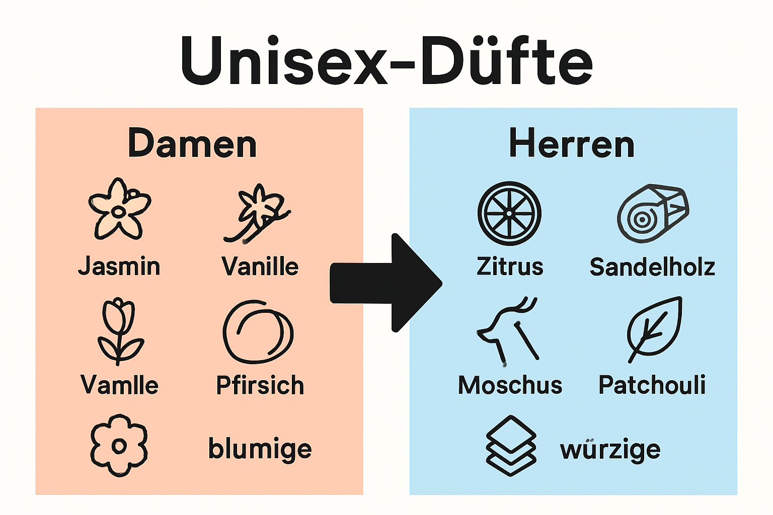 Infografik Vergleich Damen- und Herrendüfte. Links typische weibliche Duftnoten, rechts männliche Duftnoten, in der Mitte Unisex-Trend.