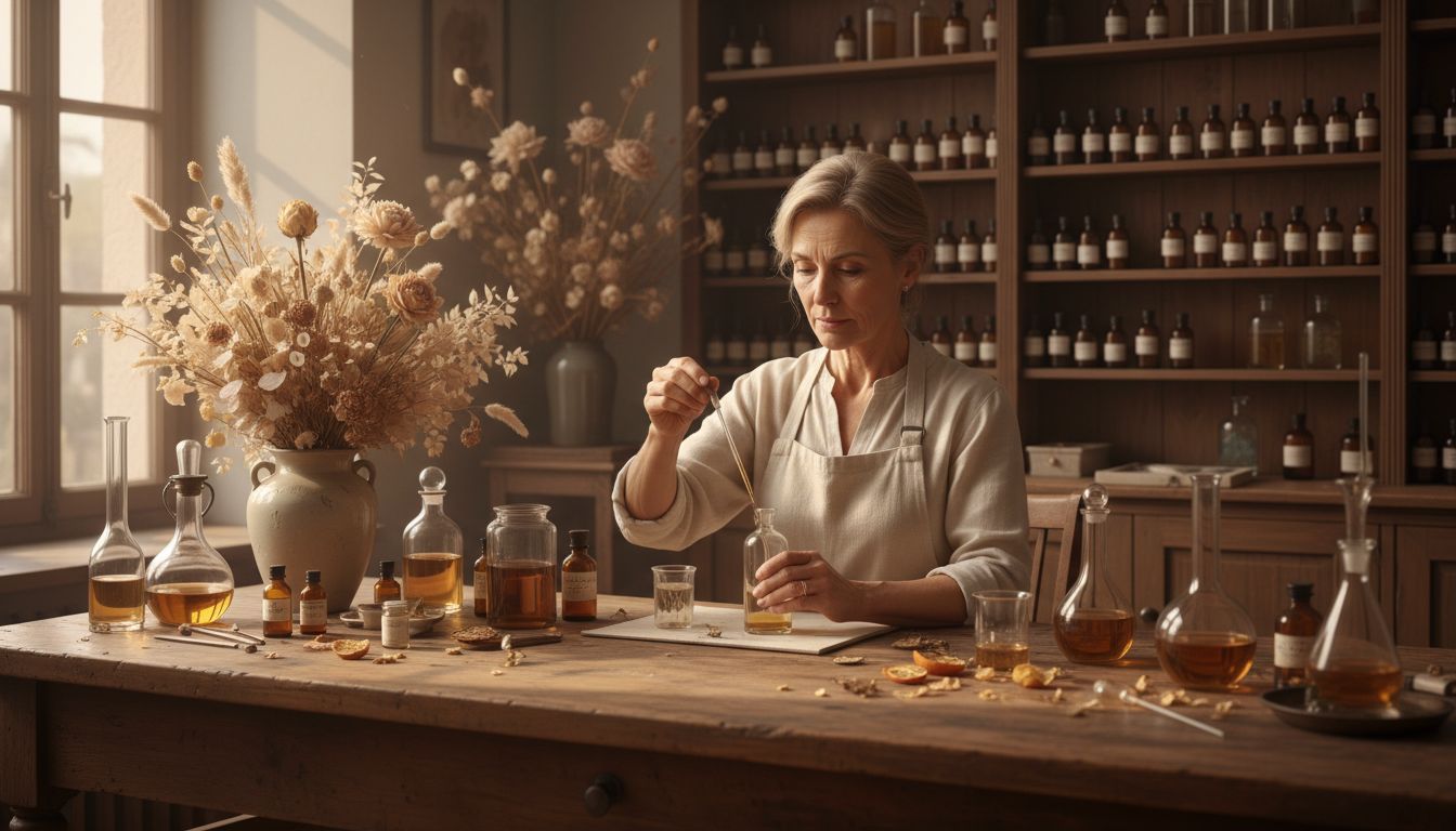 Parfumeur werkt geconcentreerd in atelier