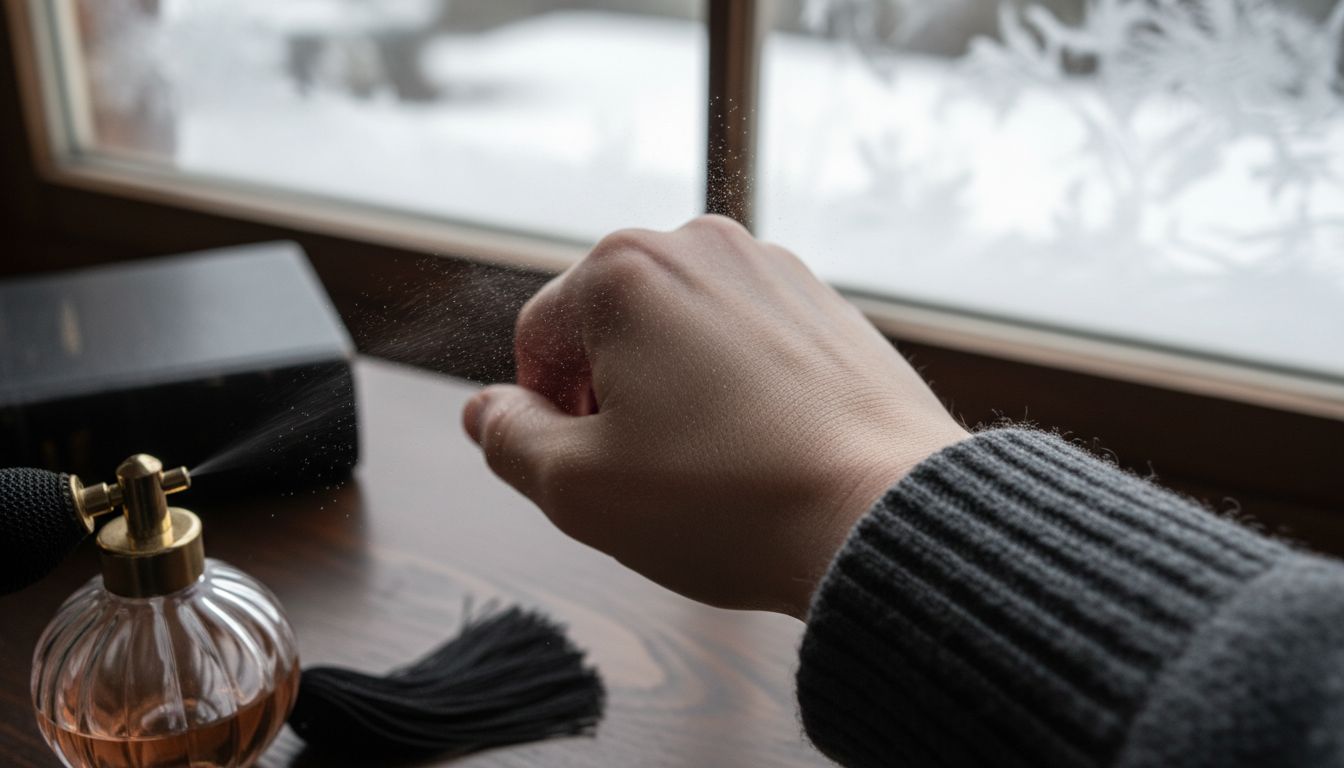 Perfume mist on winter dry skin closeup