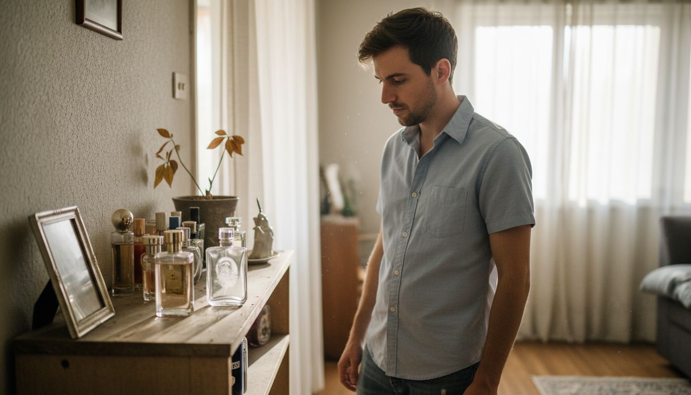 Man comparing perfume bottles on shelf