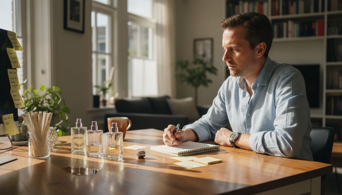 Een man die verschillende geuren uitprobeert en aantekeningen maakt over wat hij ervan vindt.
