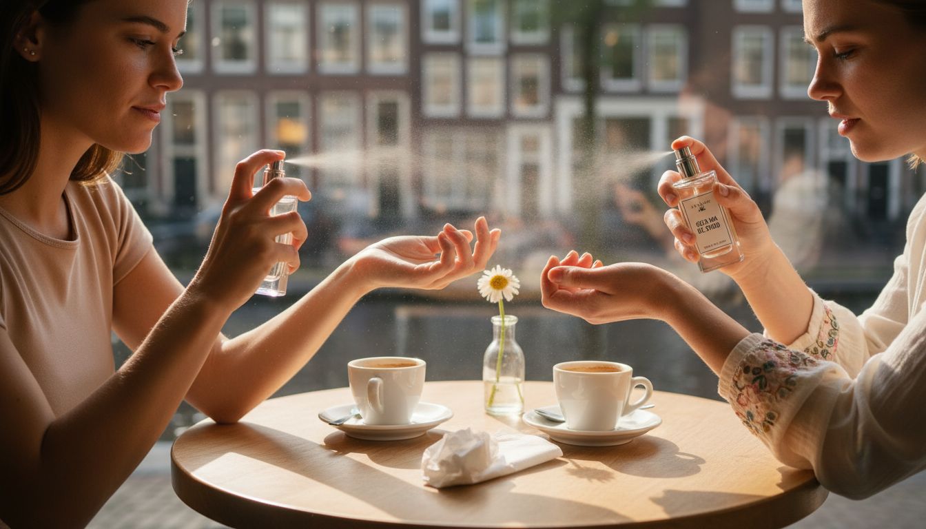 Vrienden die samen verschillende parfums uitproberen op hun eigen huid, om te ontdekken hoe elke geur zich anders ontwikkelt.