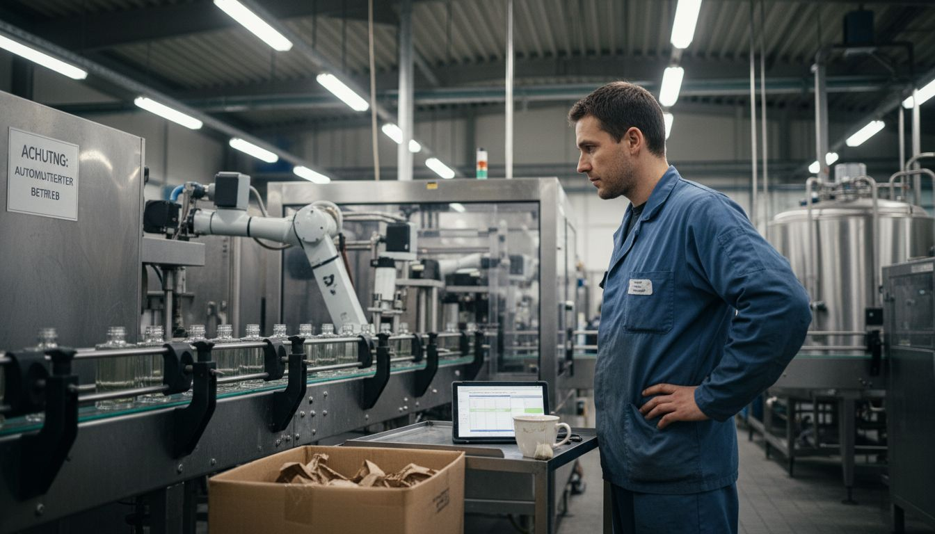 Mitarbeiter in der Parfüm-Abfüllung am Fließband