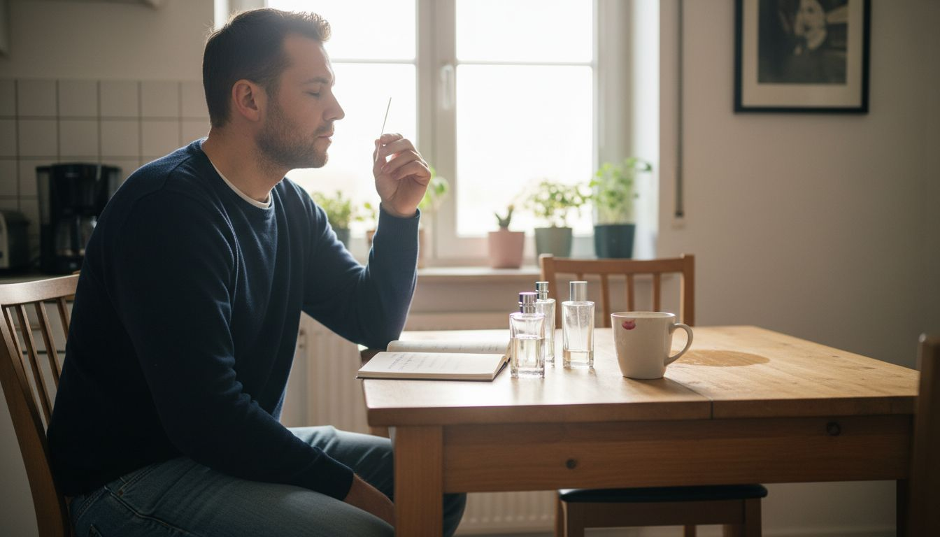 Ein Mann prüft die Duftnoten eines Parfums mithilfe eines Teststreifens.