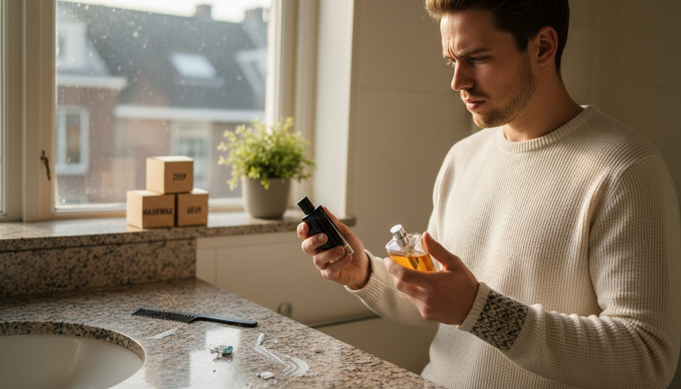 Een man houdt twee flacons parfum naast elkaar en bekijkt aandachtig welke hij het lekkerst vindt.