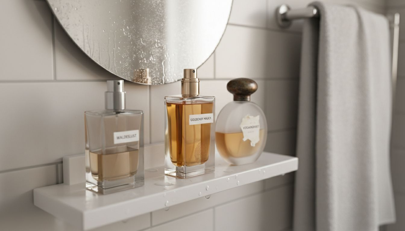 Auf dem Badezimmerregal stehen verschiedene Parfümflakons nebeneinander.