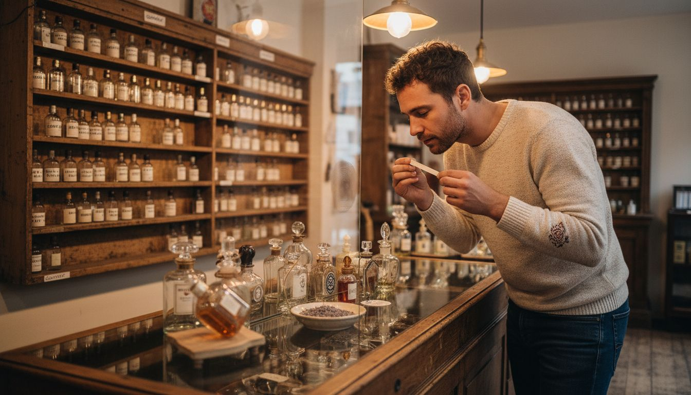Een man probeert verschillende geuren uit in een plaatselijke parfumerie.