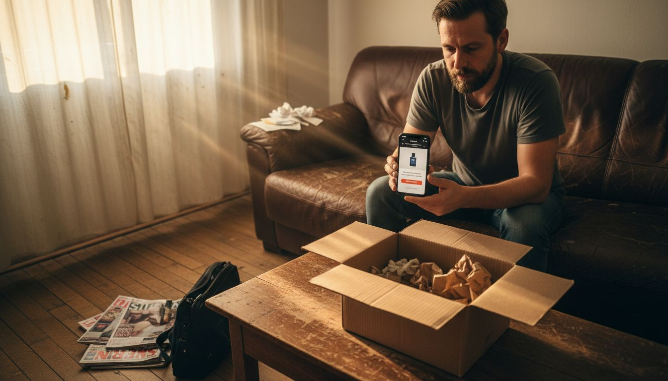 Ein Mann legt ein Parfüm über sein Smartphone in den Warenkorb.