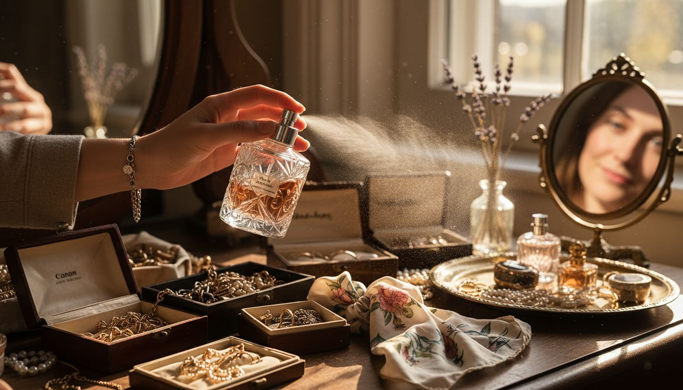 Mit einem leichten Sprühstoß trägt sie ihr Parfum am Handgelenk auf, während sie vor dem Spiegel am Schminktisch sitzt.