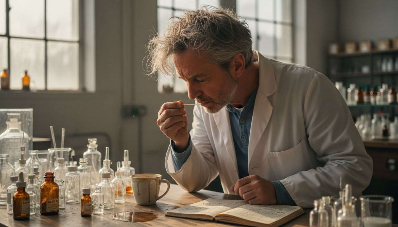 Een parfumeur snuffelt geconcentreerd aan een nieuw geurstaal, omringd door flesjes, papieren strookjes en allerlei andere spullen op een rommelig bureau.