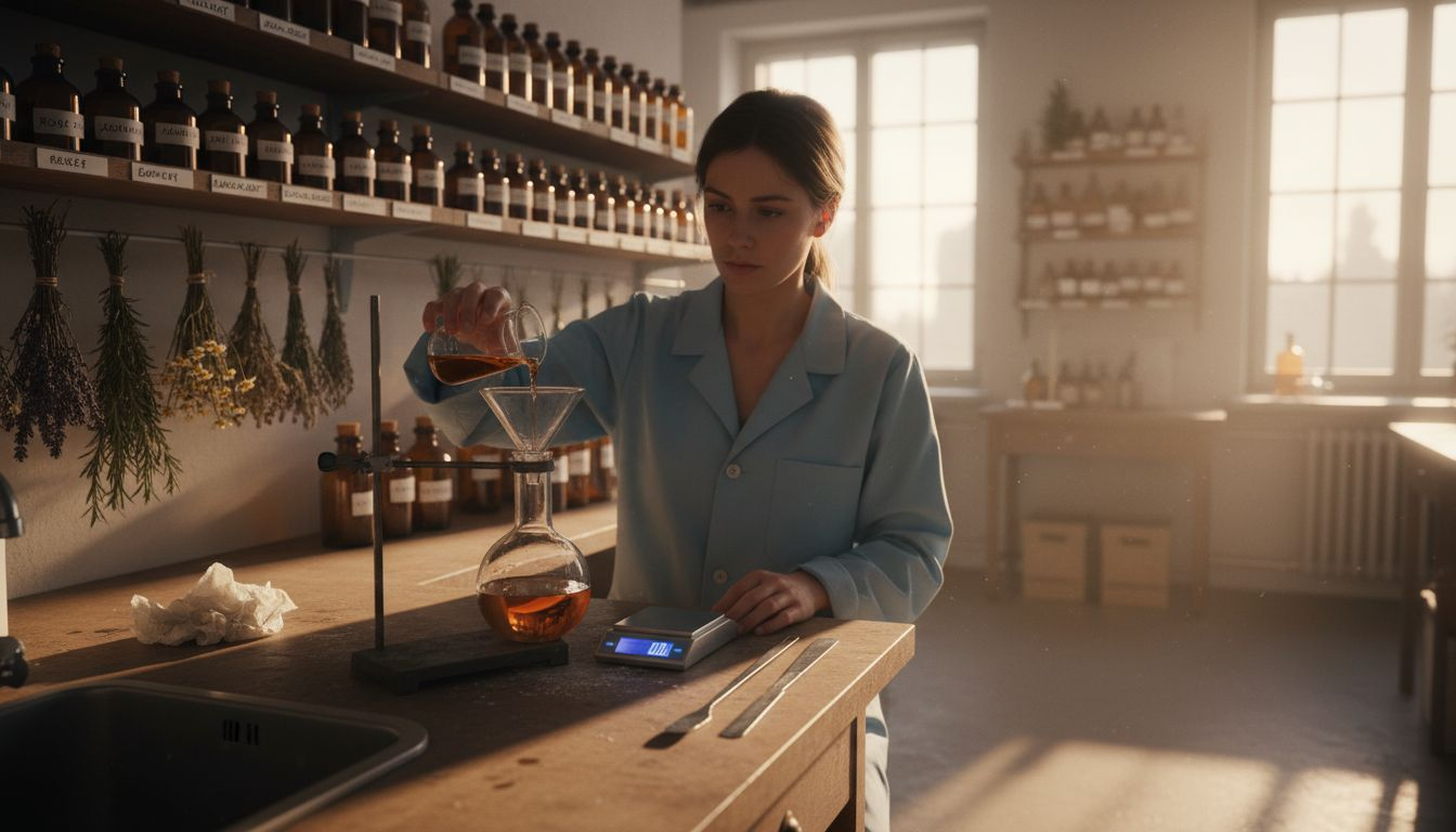 Eine Laborfachkraft stellt ein Parfum auf Pflanzenbasis her.