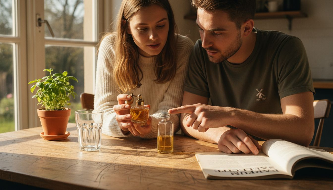 Stelletje vergelijkt verschillende navulbare parfums aan de eettafel