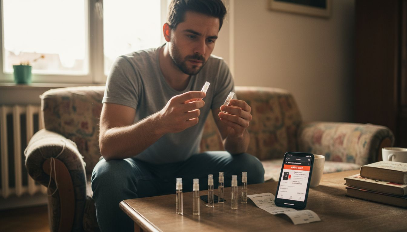 Ein Mann testet verschiedene Parfüms gemütlich in seinem Wohnzimmer.