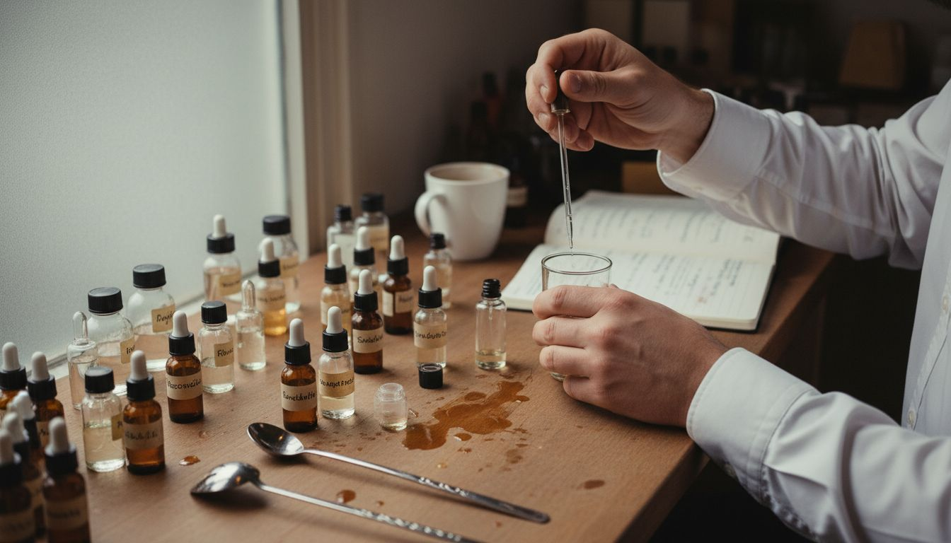 In zijn atelier experimenteert de parfumeur met verschillende geurige oliën om unieke parfums te creëren.