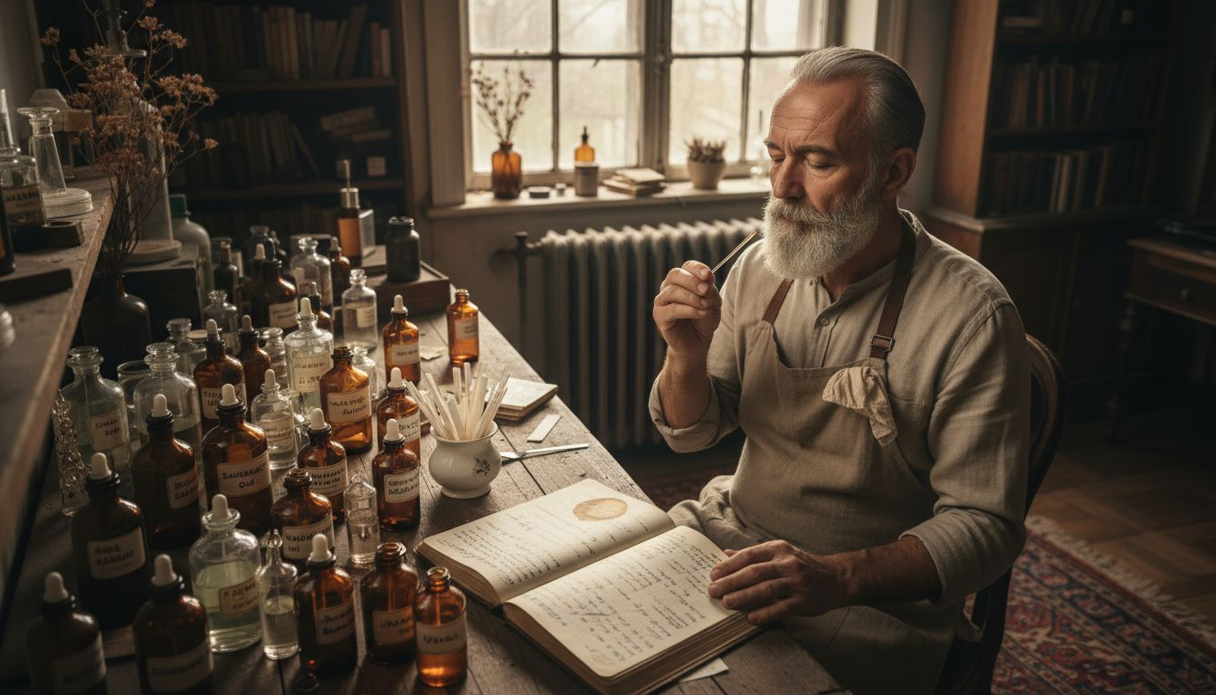 In zijn chaotische atelier experimenteert de parfumeur met een exclusieve geur.