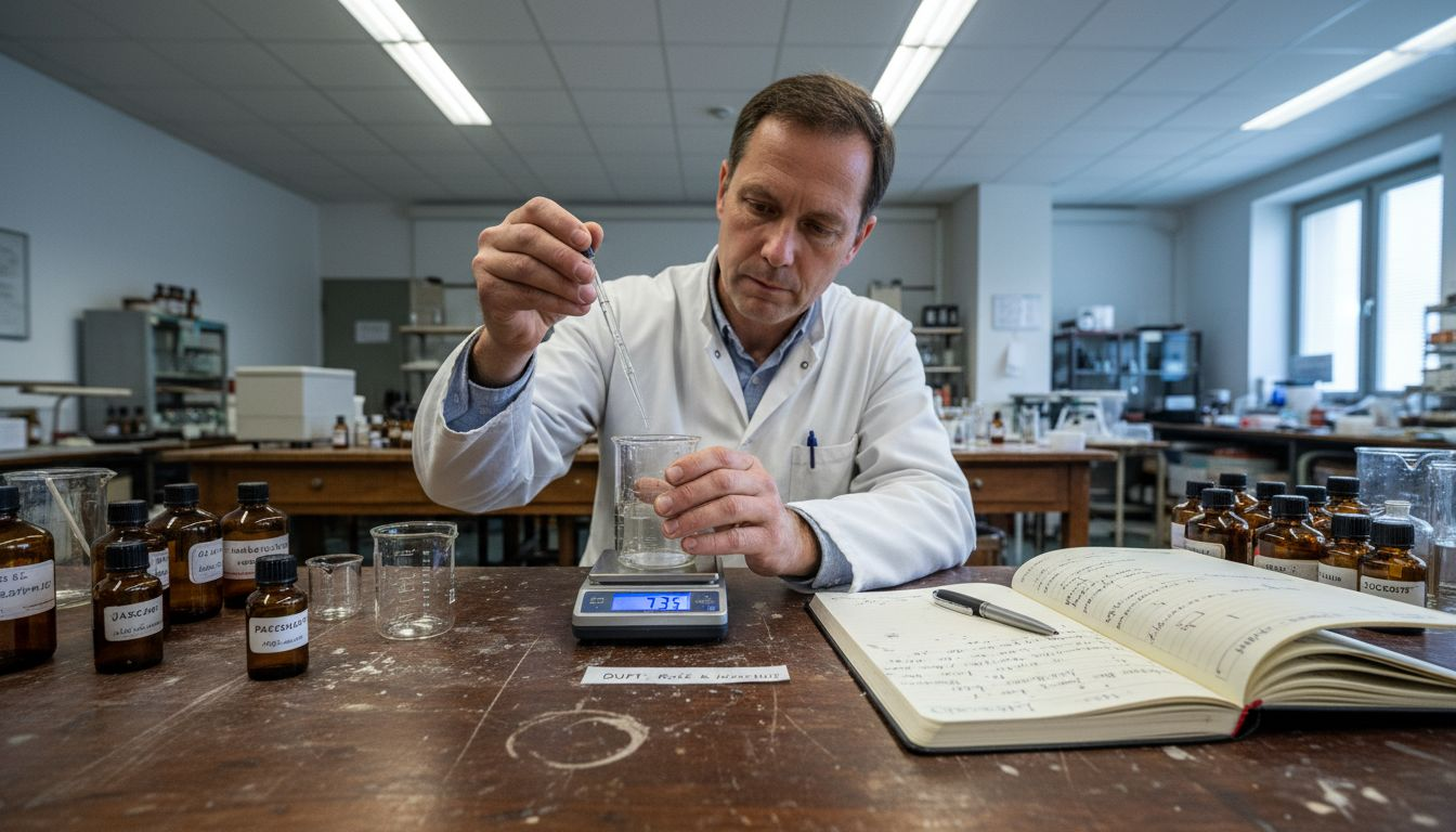 Ein Parfümeur komponiert im Labor neue Duftkreationen und mischt fein abgestimmte Essenzen miteinander.