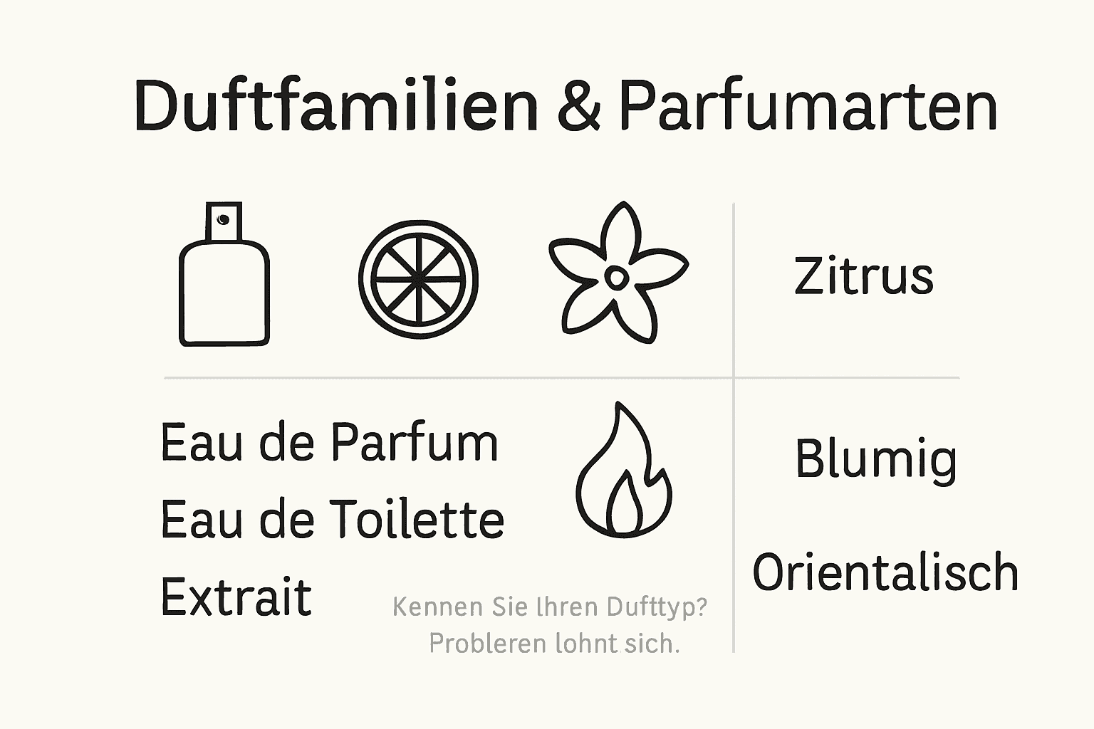 Übersichtsgrafik: Verschiedene Parfümarten und ihre Duftfamilien auf einen Blick
