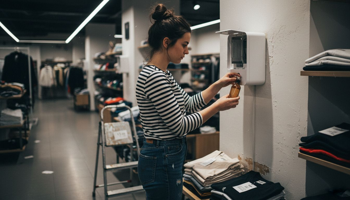 Ein Mitarbeiter im Einzelhandel füllt den Raumduftspender an der Wand nach.