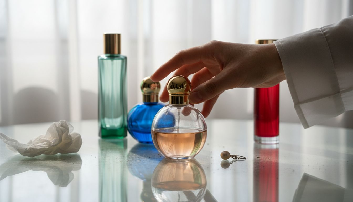Een hand grijpt een parfumfles te midden van een reeks verschillende geuren.