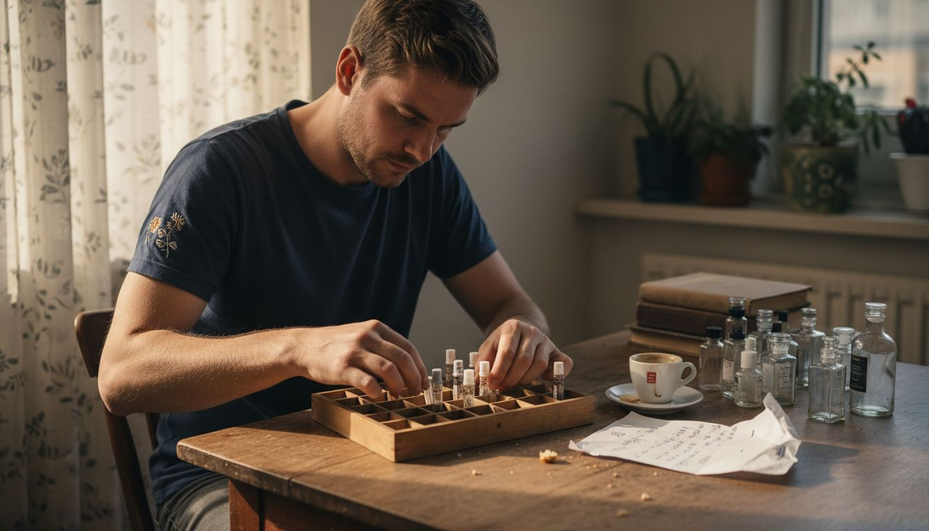 Man zit aan de keukentafel en bekijkt verschillende parfumstaaltjes.