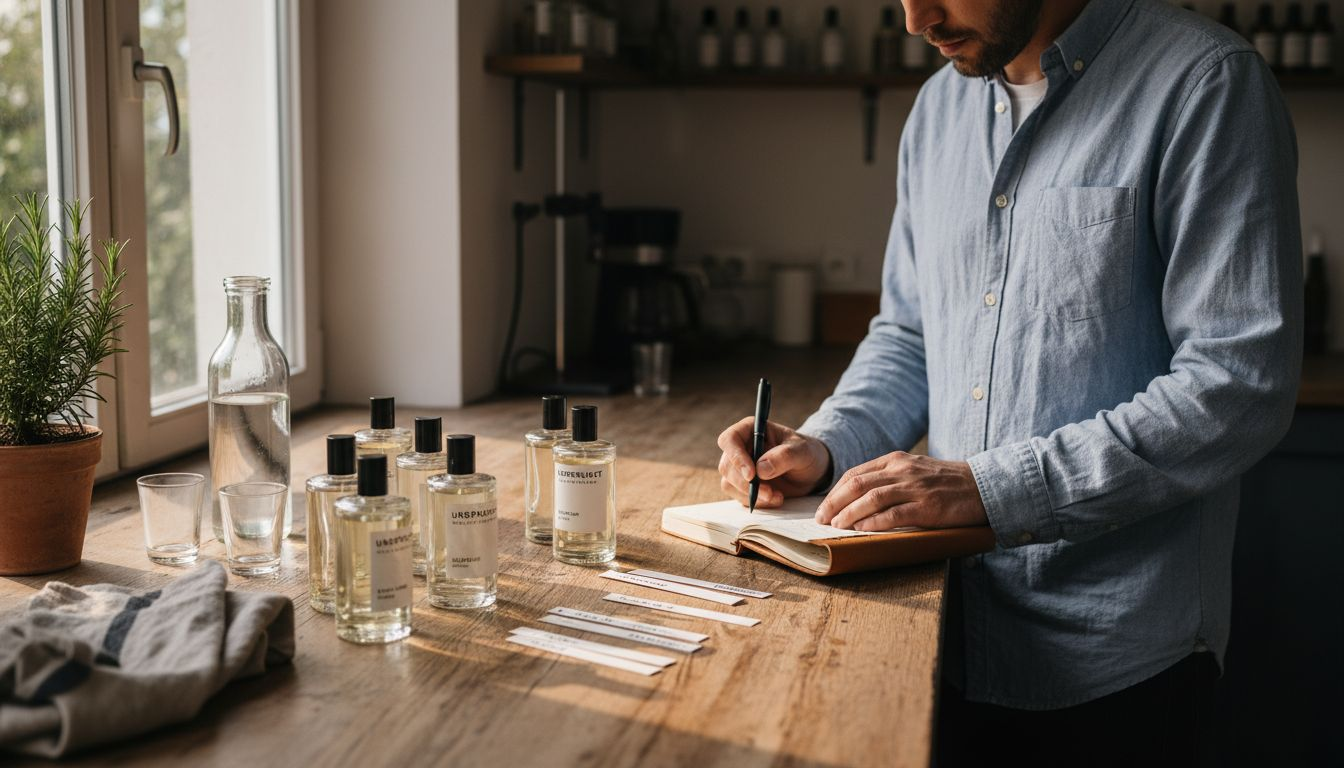 Ein Mann testet verschiedene Unisex-Duftproben und vergleicht ihre Nuancen.