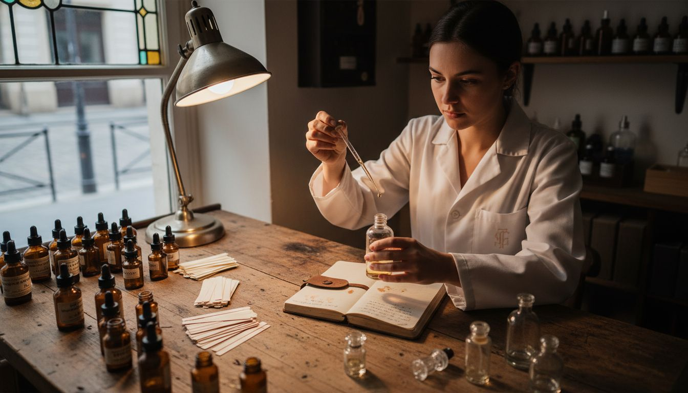 Op een robuuste houten werkbank stelt de parfumeur zorgvuldig een unieke geur samen.
