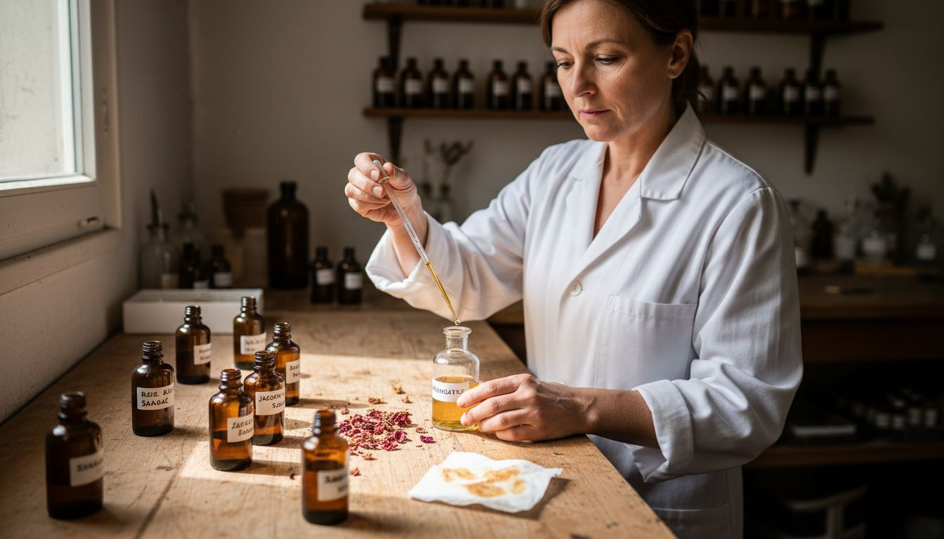 Am Labortisch begutachtet die Parfümeurin sorgfältig verschiedene Duftrohstoffe.