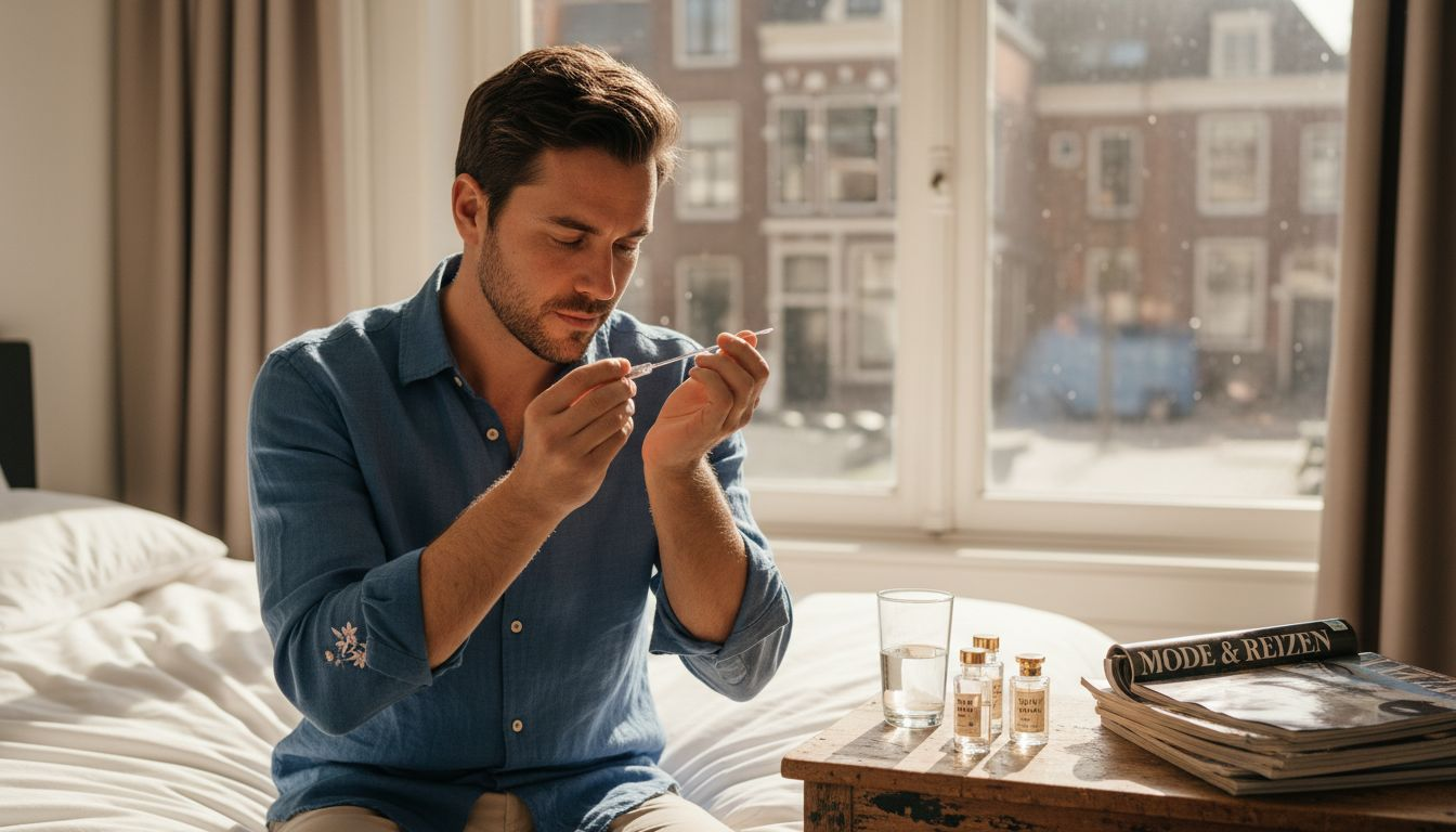 Een man sprayt parfum op zijn polsen.