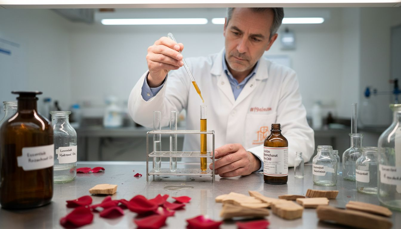 Een laborant stelt parfumingrediënten samen