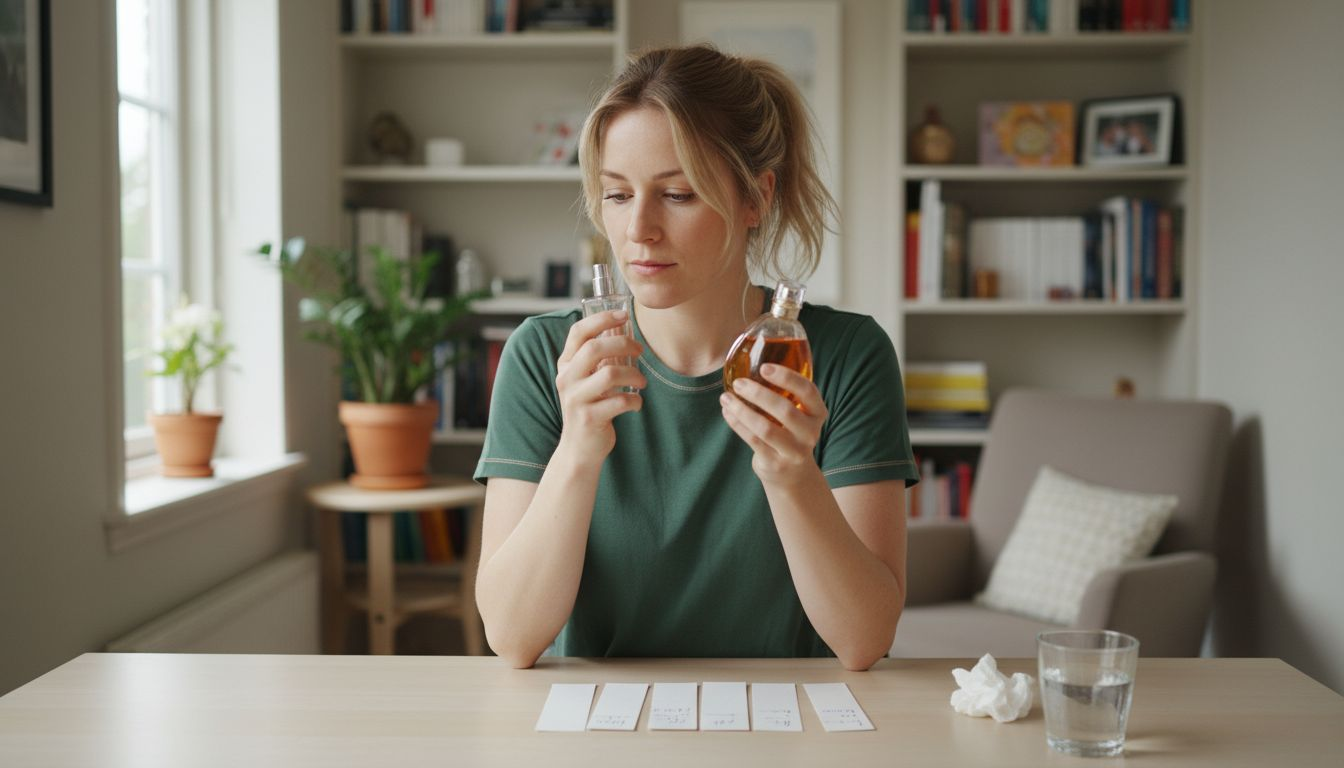 Vrouw zet synthetische en natuurlijke geuren naast elkaar