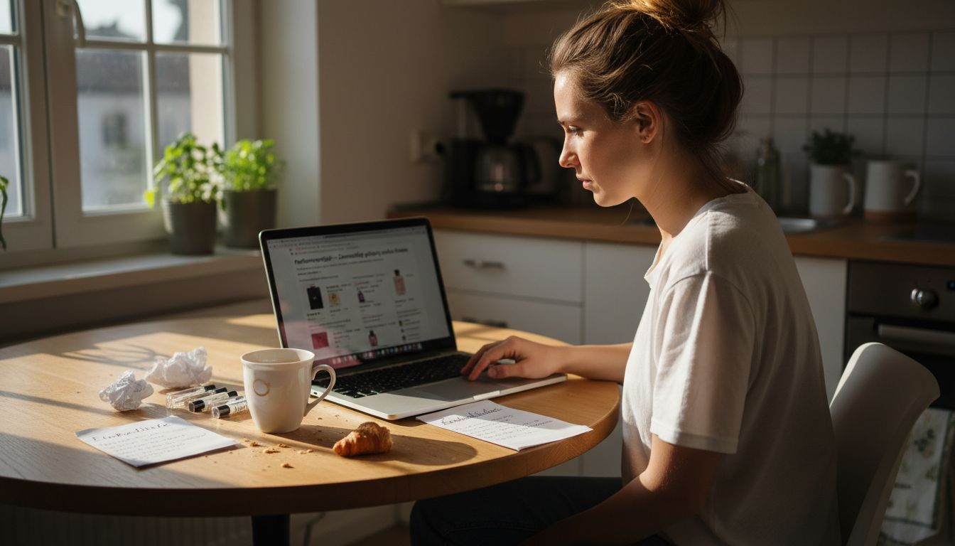 Eine Frau stöbert zuhause online nach Parfüms und vergleicht dabei die Preise verschiedener Anbieter.