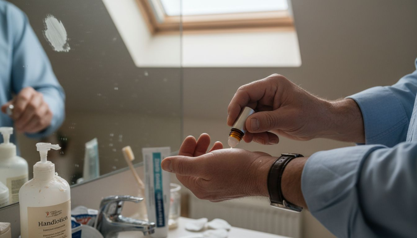 Mit der Hand wird ein Duftöl am Waschbecken im Badezimmer aufgetragen.