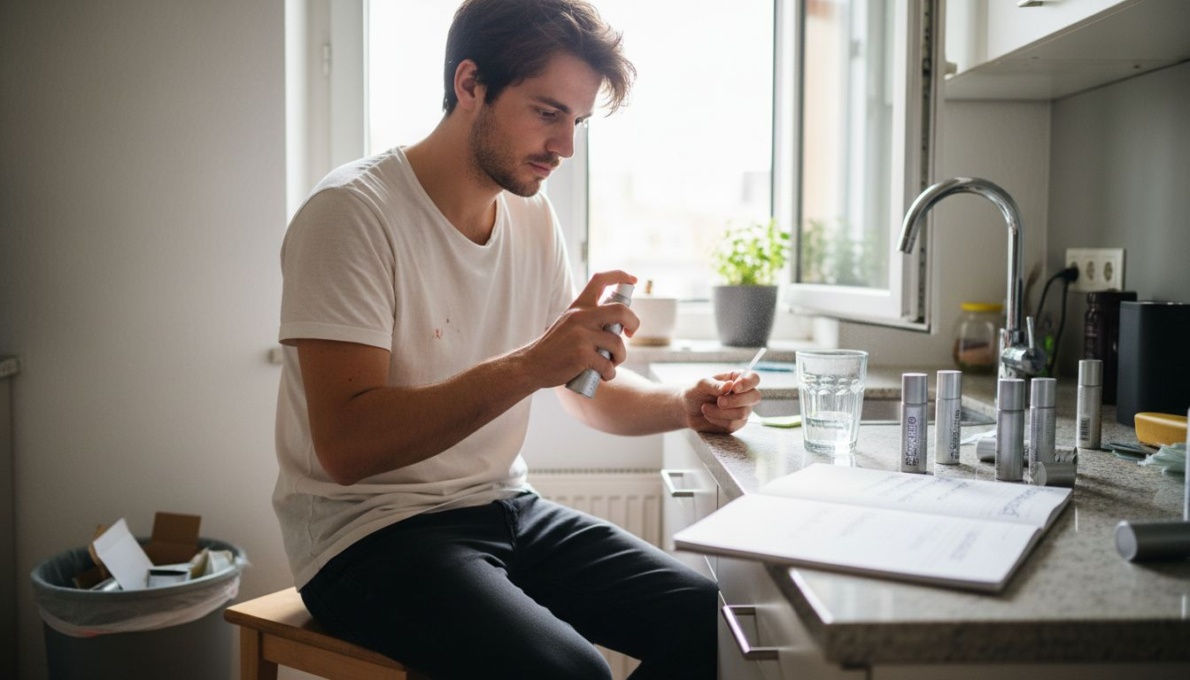 Ein Mann probiert verschiedene Parfümproben in seiner Küche aus.