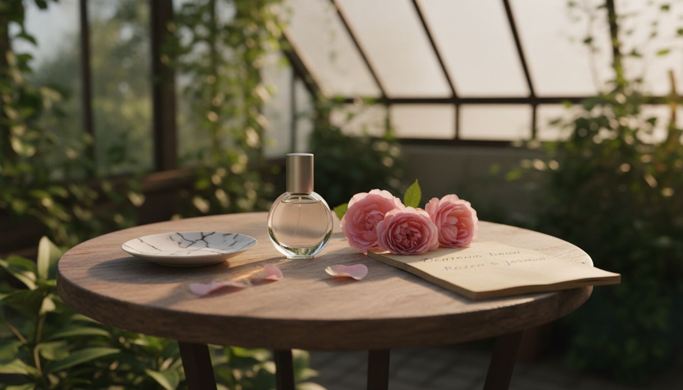 Een parfumflesje tussen verse rozen op een houten tafel