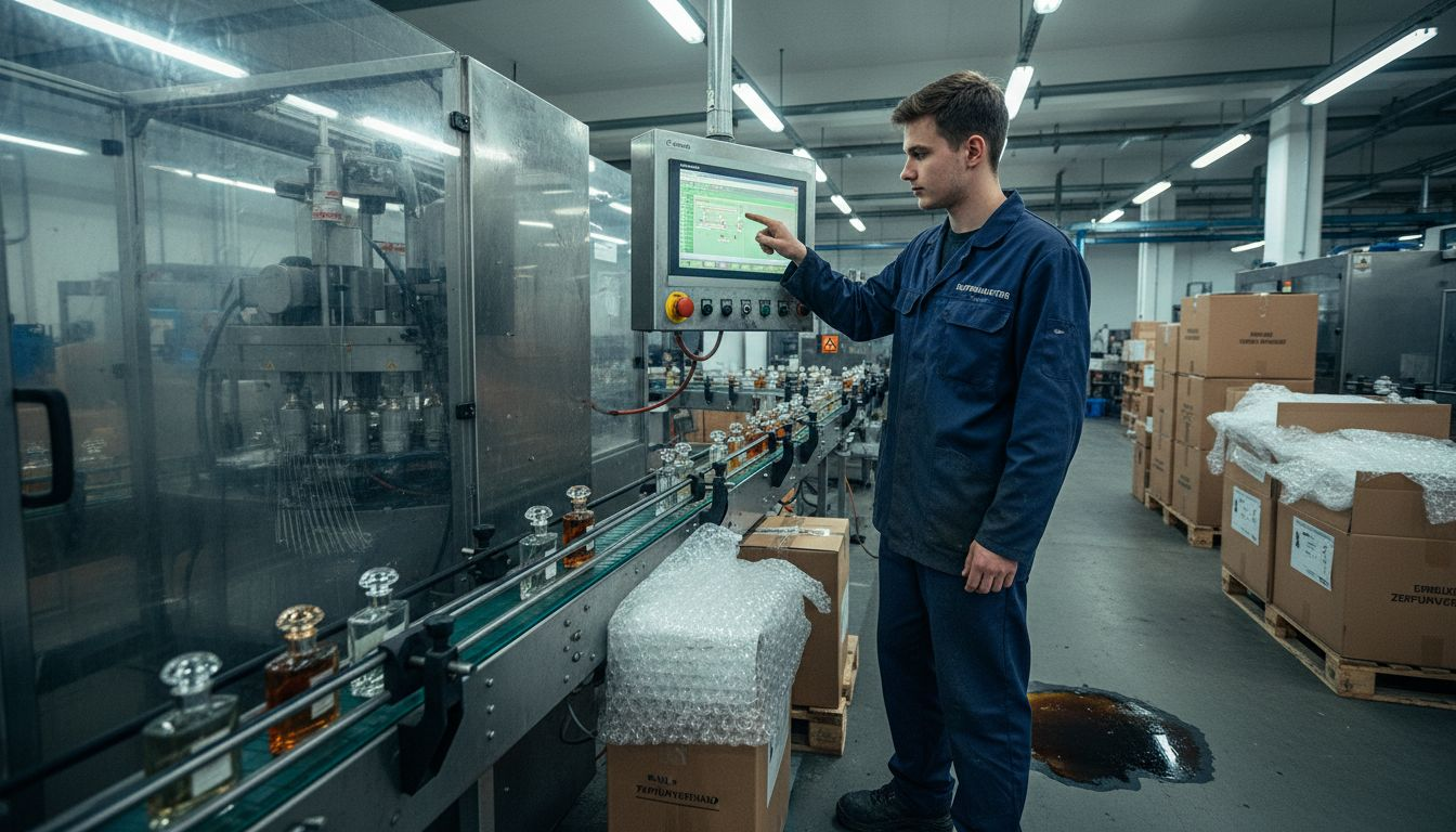 Ein Techniker überwacht den Abfüllprozess der Parfums, um höchste Qualitätsstandards sicherzustellen.