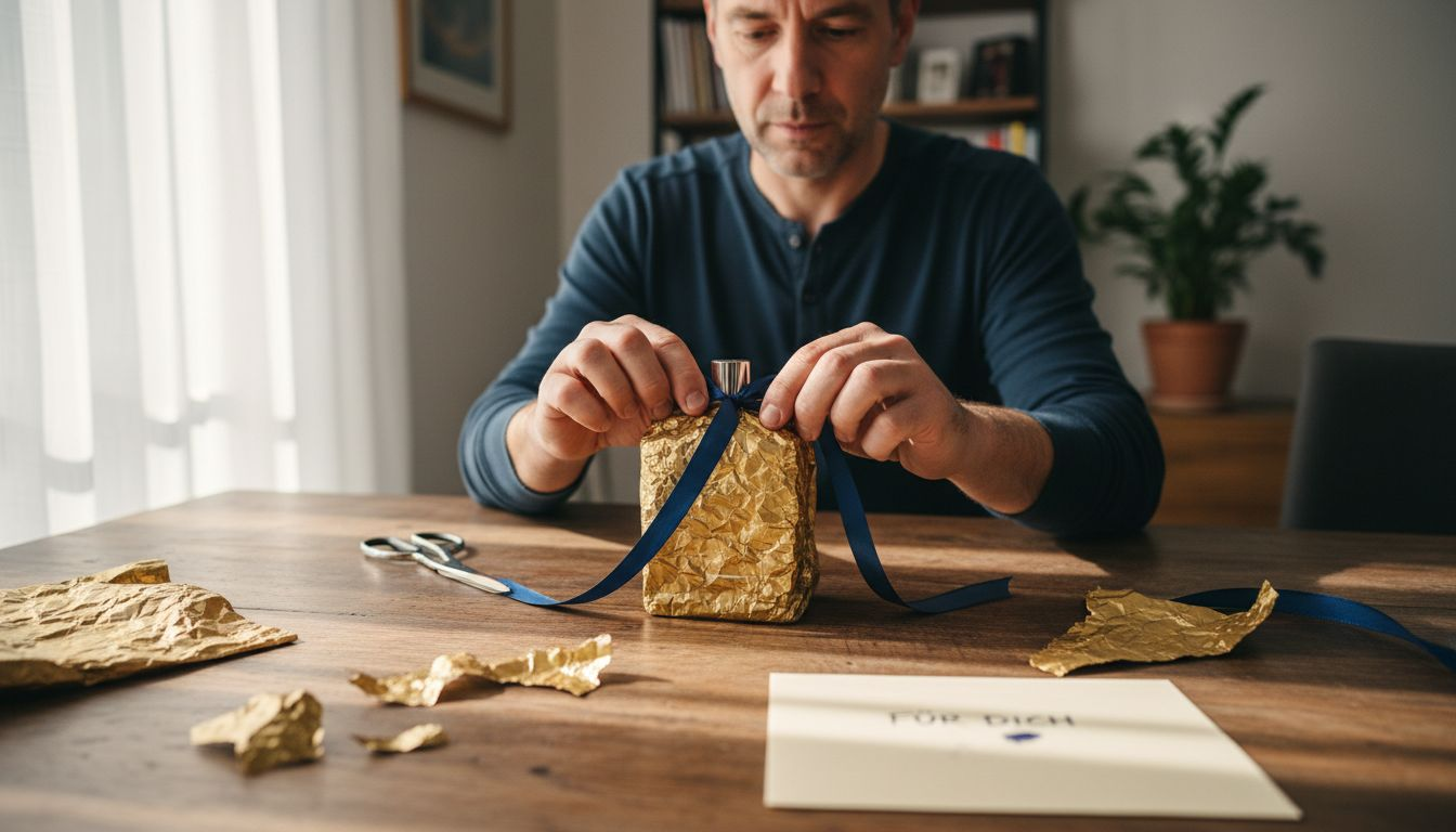 Ein Mann verpackt zu Hause ein Parfüm als Geschenk.