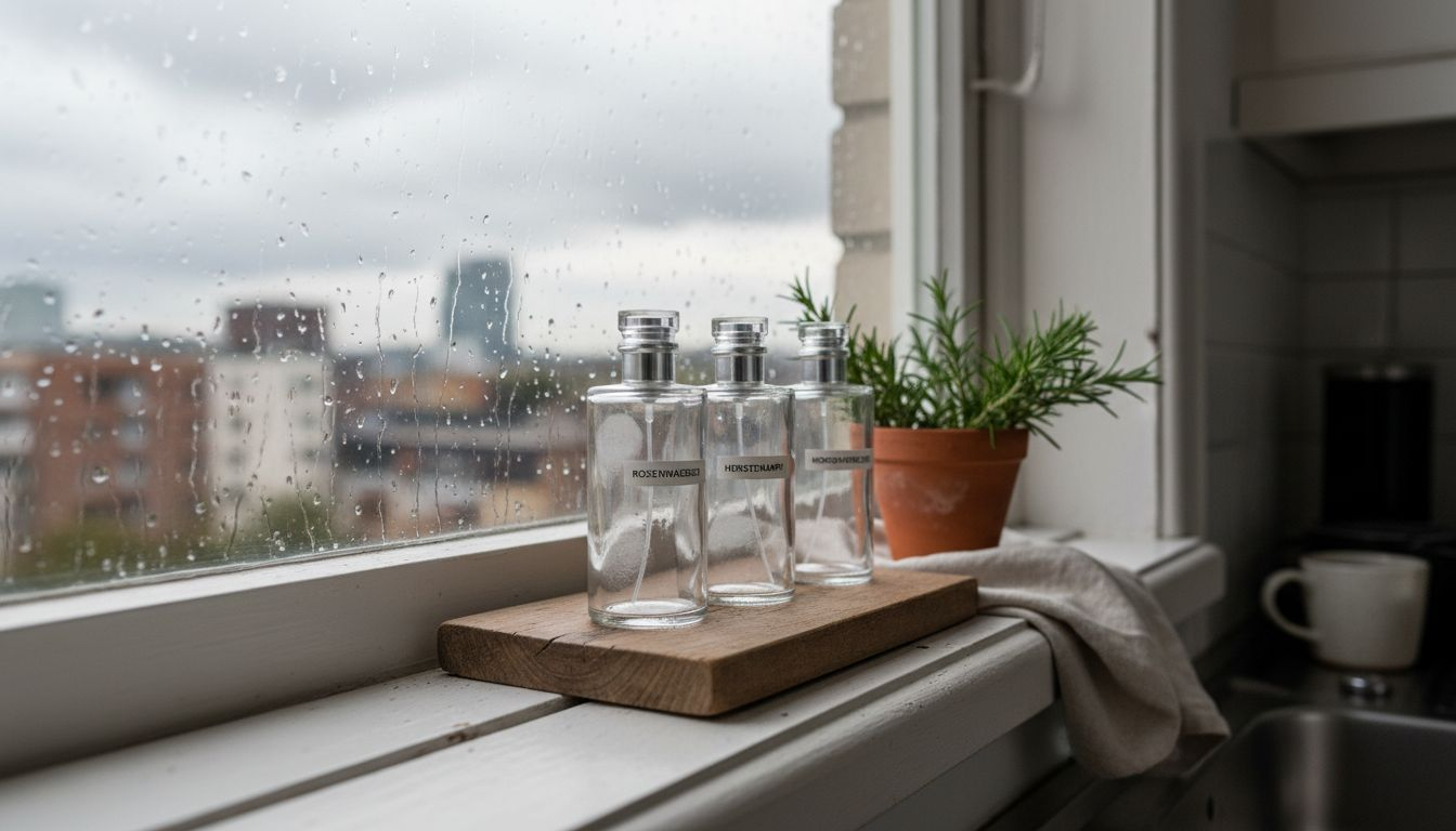Vegane Parfümflakons arrangiert neben frischen Kräutern auf der Fensterbank