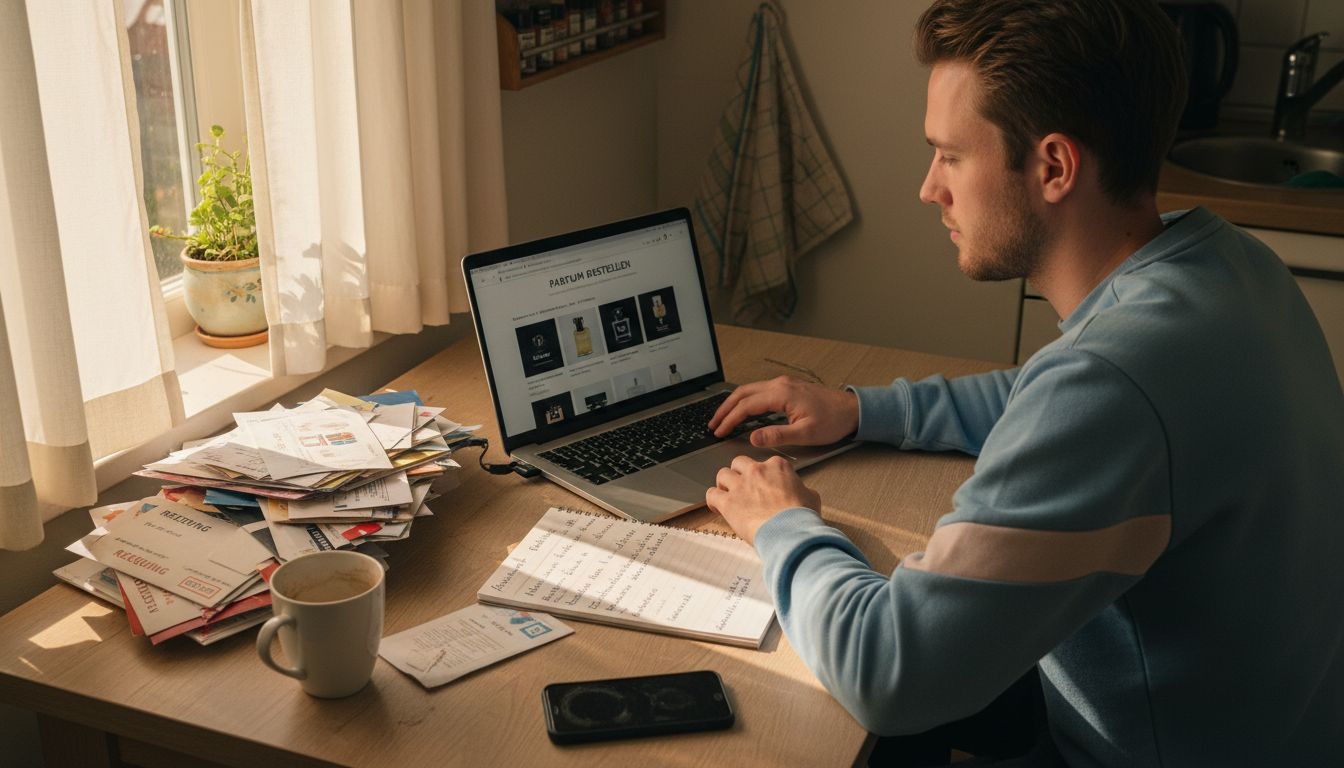 Een man zit aan de keukentafel op zijn laptop parfum te bestellen.