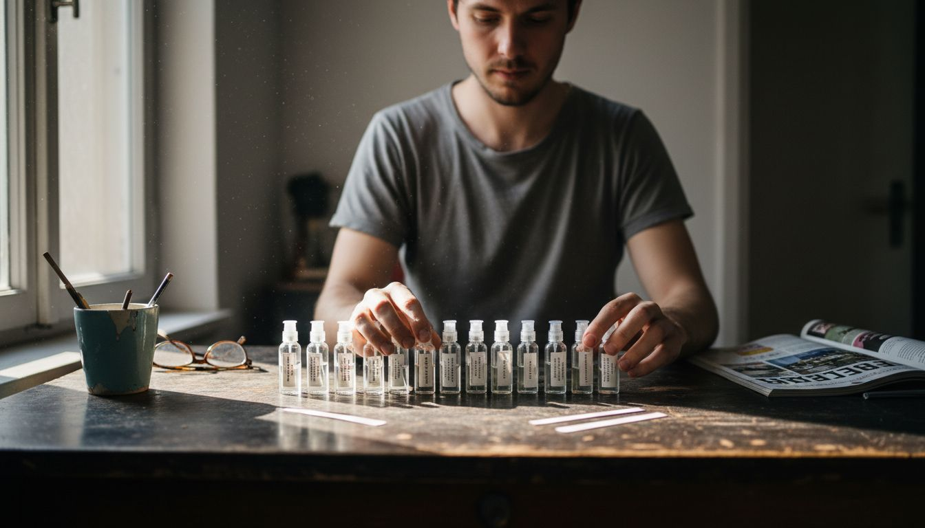 Kleine Parfümfläschchen, hübsch auf dem Schreibtisch arrangiert.