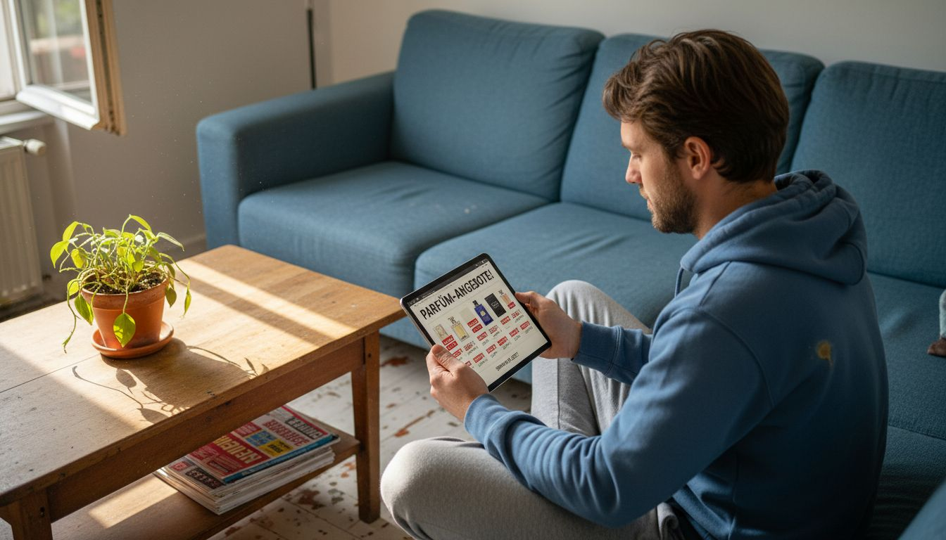 Ein Mann sitzt gemütlich zu Hause und vergleicht online die Preise verschiedener Parfums, um das beste Angebot zu finden.