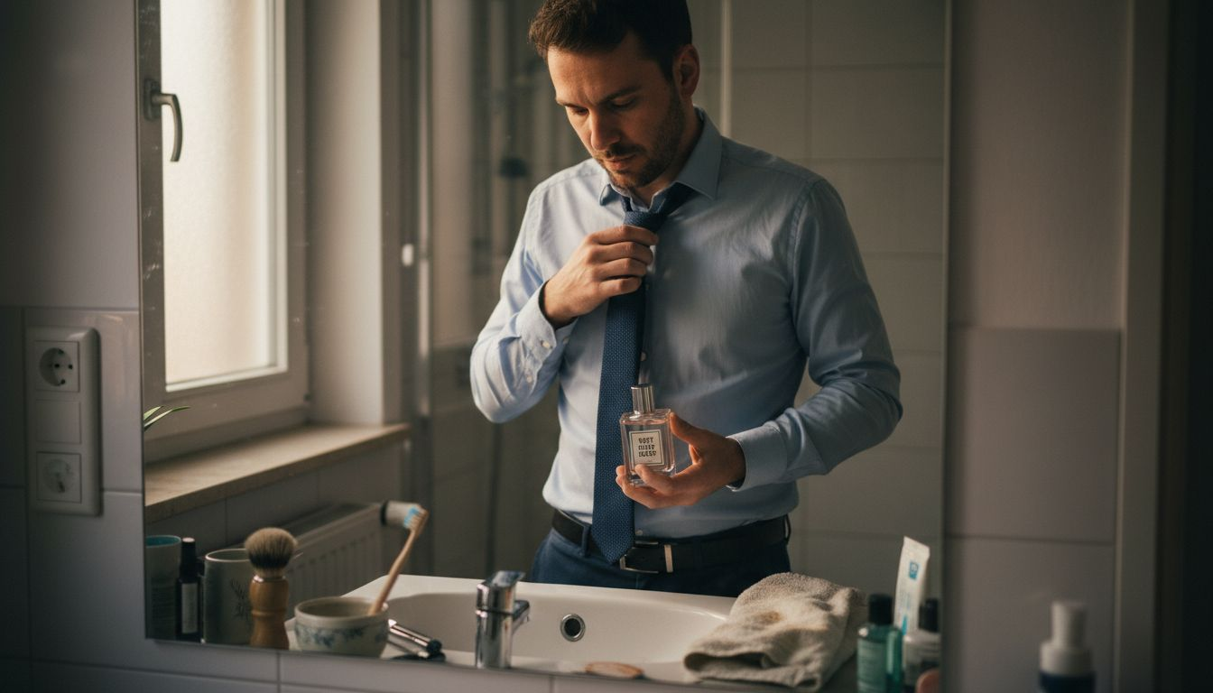 Man inspecting cologne bottle bathroom