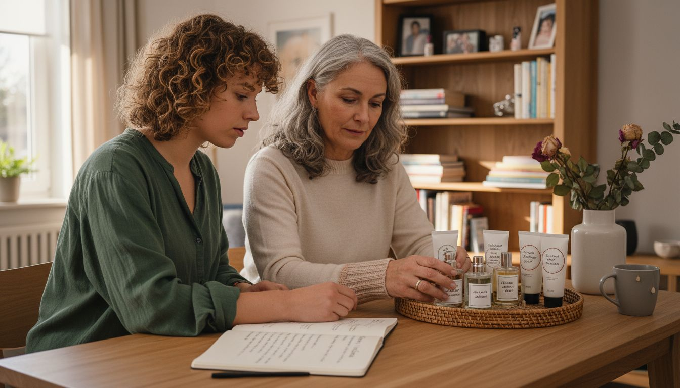 Een parfumset samenstellen op een houten tafel