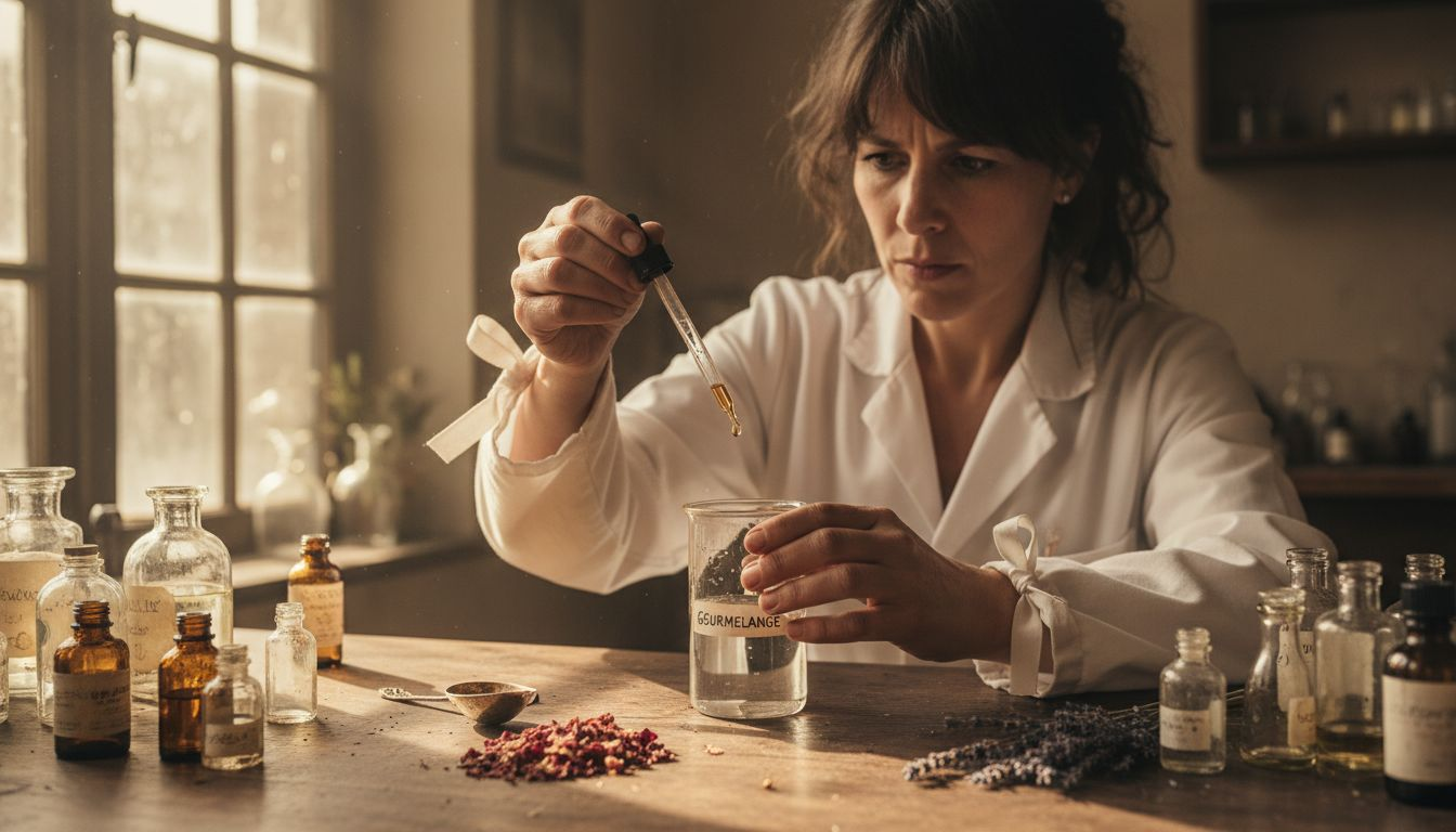 Een parfumeur stelt geuren samen aan zijn werktafel.
